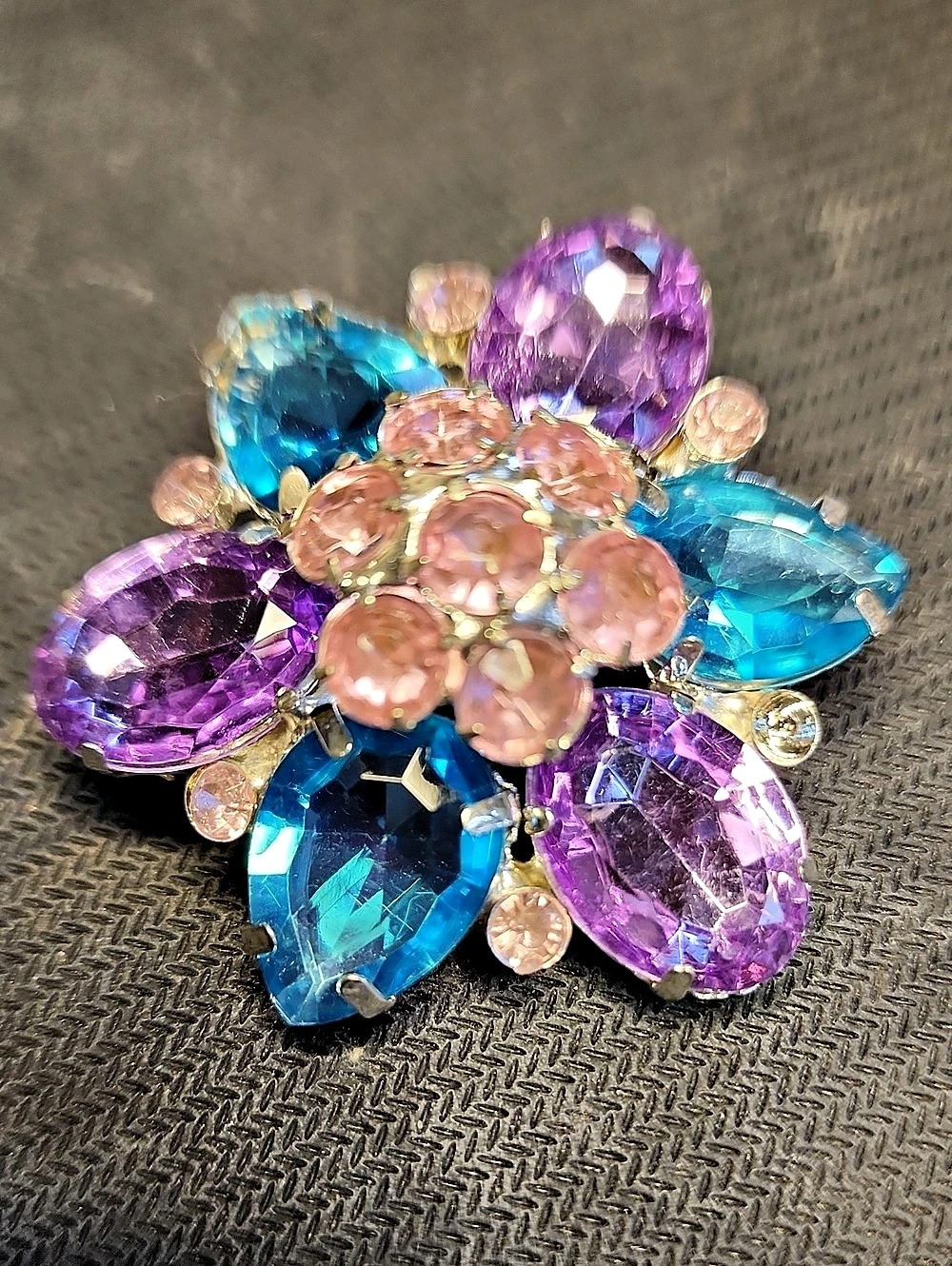 Unsigned Rhinestone Flower Brooch Multi-tier Blue Purple
